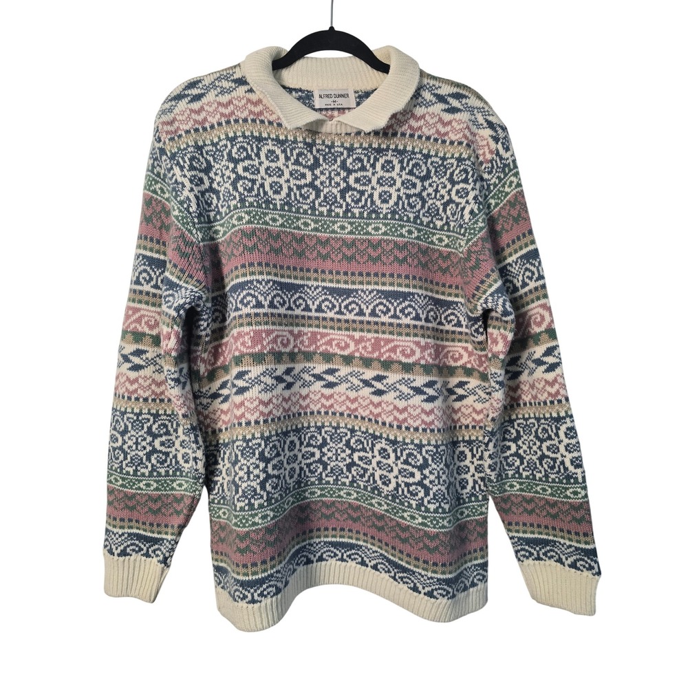 Alfred Dunner‎ Vintage Fair Isle Knit Polo Collar Sweater Multi Color Medium